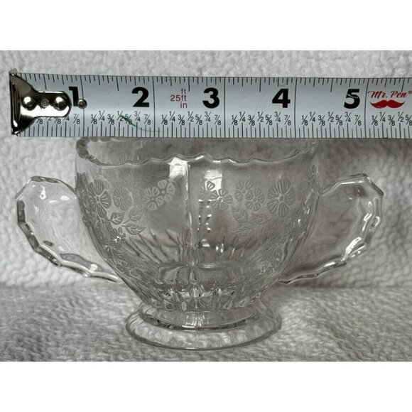 New Martinsville Glass Creamer Sugar Bowl Set Etched Flower Basket Wing Handles - Picture 8 of 13